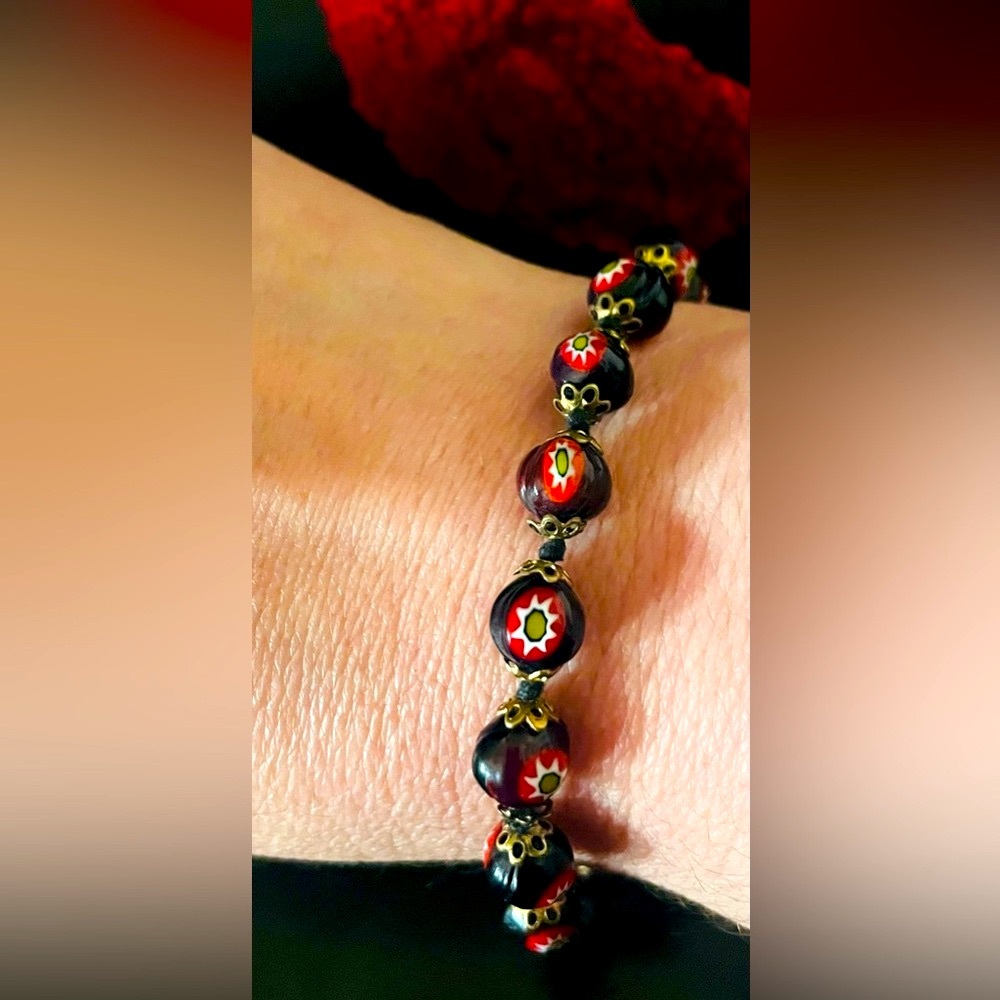 Murano Venetian Millefiori Glass Round Bead Bracelet